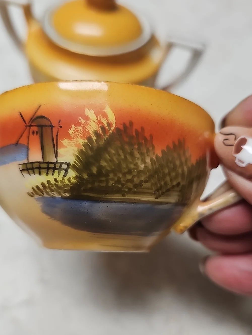 Vintage Porcelain Tea Set in Yellow-Orange Sunset Finish